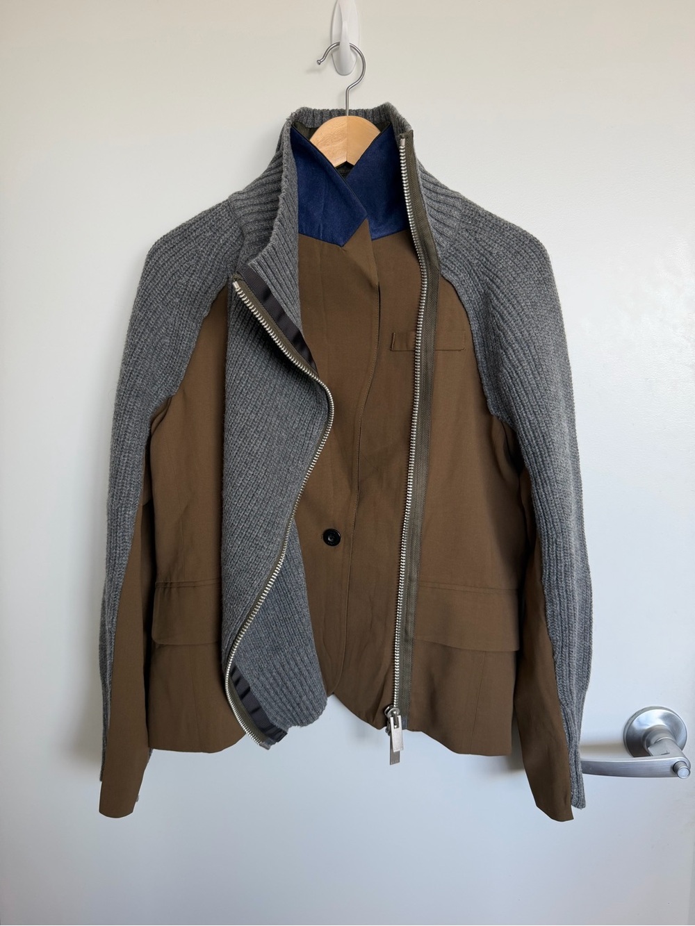 Sacai Two-Tone Knit-Sleeve Jacket in Olive Brown and Heather Gray Size 1